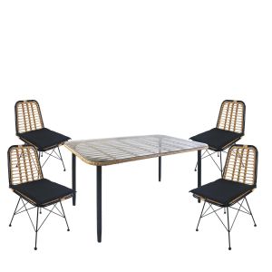 Σετ Τραπεζαρία Κήπου ArteLibre ANNIUS Φυσικό/Μαύρο Μέταλλο/Rattan/Γυαλί Με 4 Καρέκλες 14990301