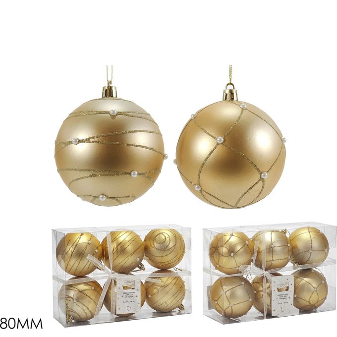 Χριστουγεννιάτικη Μπάλα Χρυσό 80mm Με Πέρλες Σετ 6Τμχ Σε 2 Σχέδια