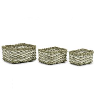 Σετ 3 Καλάθια Πράσινο/Λευκό Seagrass/Κορδόνι Χάρτου 25x17x12cm