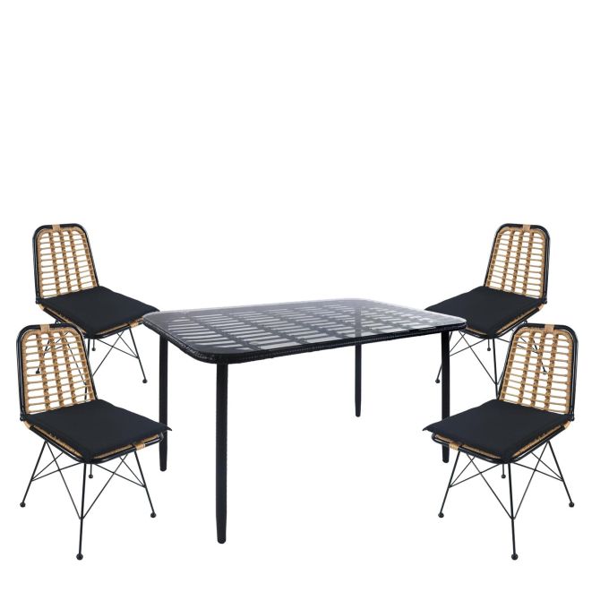 Σετ Τραπεζαρία Κήπου ArteLibre ANNIUS Μαύρο Μέταλλο/Rattan/Γυαλί Με 4 Καρέκλες 14990372