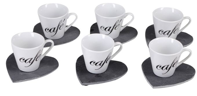 Κούπα 6cl 'Cafe' Με Πιατάκια Καρδιές Λευκό/Μαύρο Κεραμικό Σετ 12Τμχ
