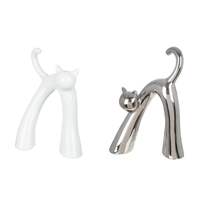 Φιγούρα Γάτα 'Kara' Κεραμικό Ασημί/Λευκό 2Τμχ 5x16x22cm