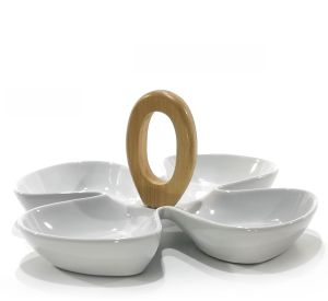 Δίσκος Σερβιρίσματος Ορεκτικών Με 4 Θέσεις Και Λαβή Λευκό/Φυσικό Κεραμικό/Μπαμπού 28x18x13cm