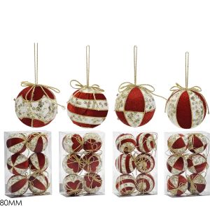 Χριστουγεννιάτικη Μπάλα Κόκκινο 80mm Σετ 6Τμχ Σε 4 Σχέδια