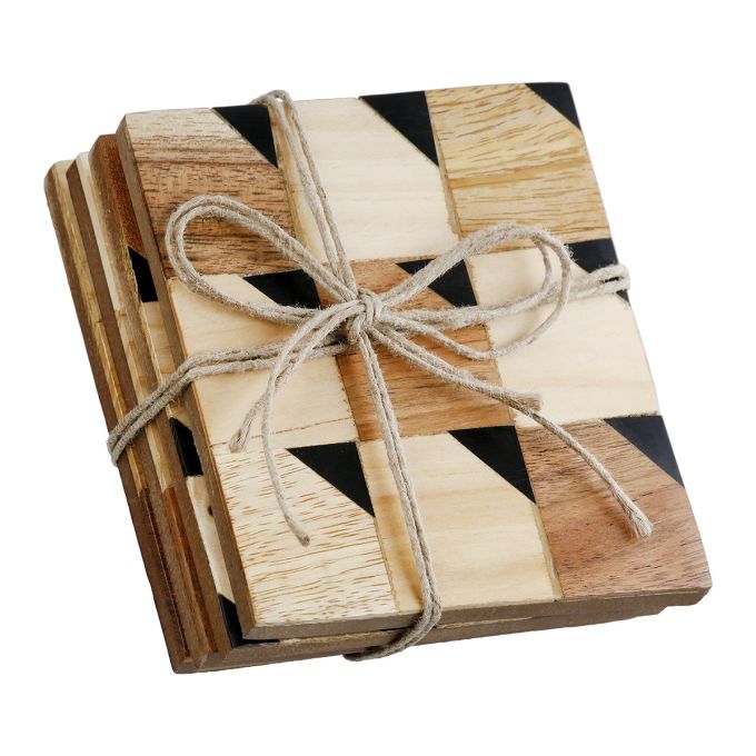 Σετ 4 Τεμαχίων Σουβέρ Τετράγωνο Ξύλο Μάνγκο Μαύρο/Καφέ/Εκρού 10x10cm