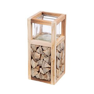 Ανεμοφωτιστικό 'Catasta' Γυαλί/Ξύλο Εκρού 14x14x30cm