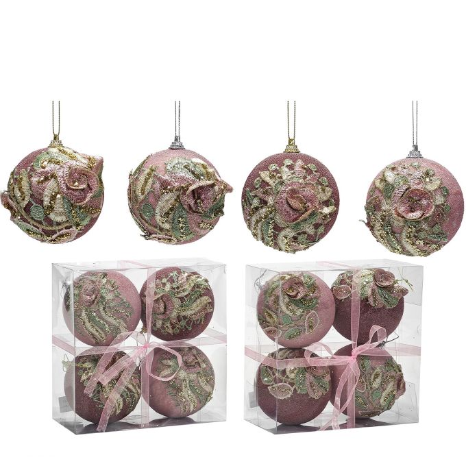 Χριστουγεννιάτικη Μπάλα Ροζ 100mm Σετ 4Τμχ Σε 2 Σχέδια