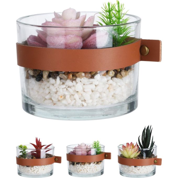 Φυτό Τεχνητό ArteLibre Σε Γυάλινο Δοχείο Με PU Ζώνη Φ11x9-13.5cm Σε 4 Συνδυασμούς