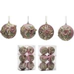 Χριστουγεννιάτικη Μπάλα Ροζ 80mm Σετ 6Τμχ Σε 2 Σχέδια