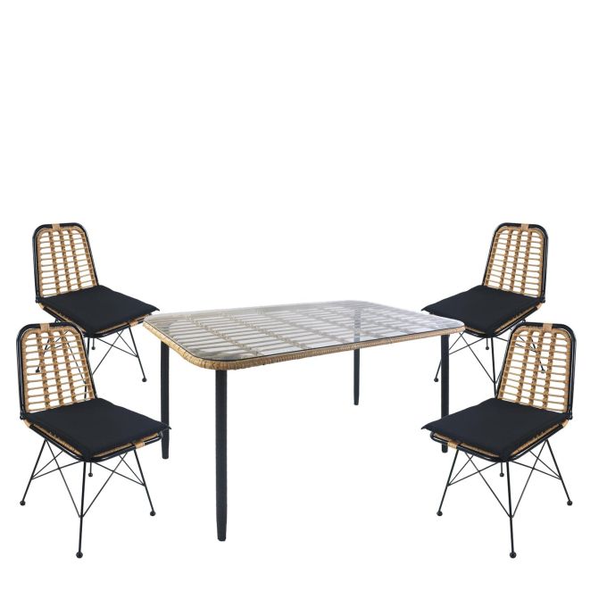Σετ Τραπεζαρία Κήπου ArteLibre ANNIUS Φυσικό/Μαύρο Μέταλλο/Rattan/Γυαλί Με 4 Καρέκλες 14990301