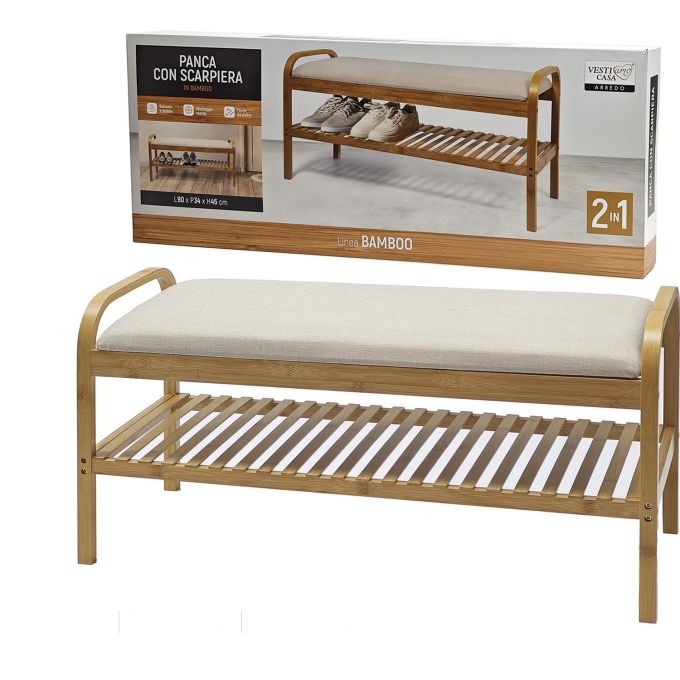 Πάγκος-Παπουτσοθήκη Μπαμπού Φυσικό/Μπεζ Μπαμπού/Ύφασμα 90x34x45cm