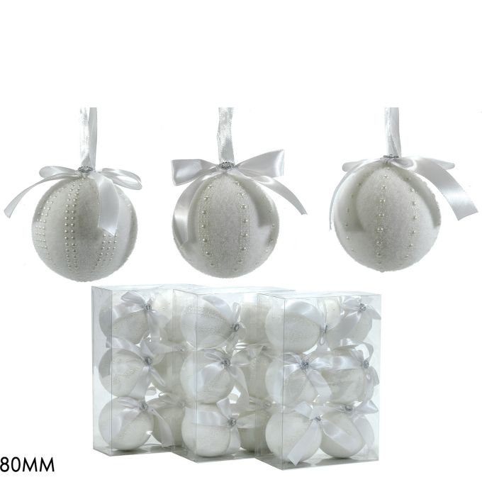 Χριστουγεννιάτικη Μπάλα Λευκό 80mm  Σετ 6Τμχ Σε 3 Σχέδια