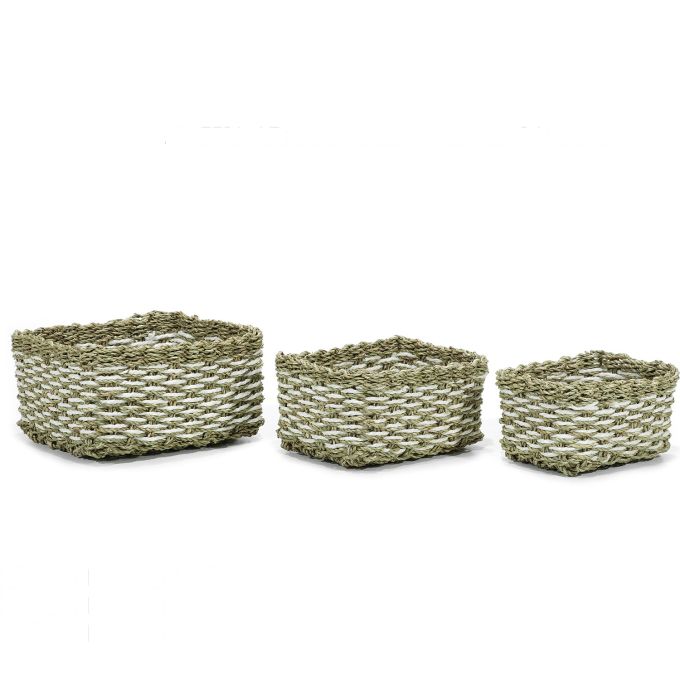 Σετ 3 Καλάθια Πράσινο/Λευκό Seagrass/Κορδόνι Χάρτου 25x17x12cm