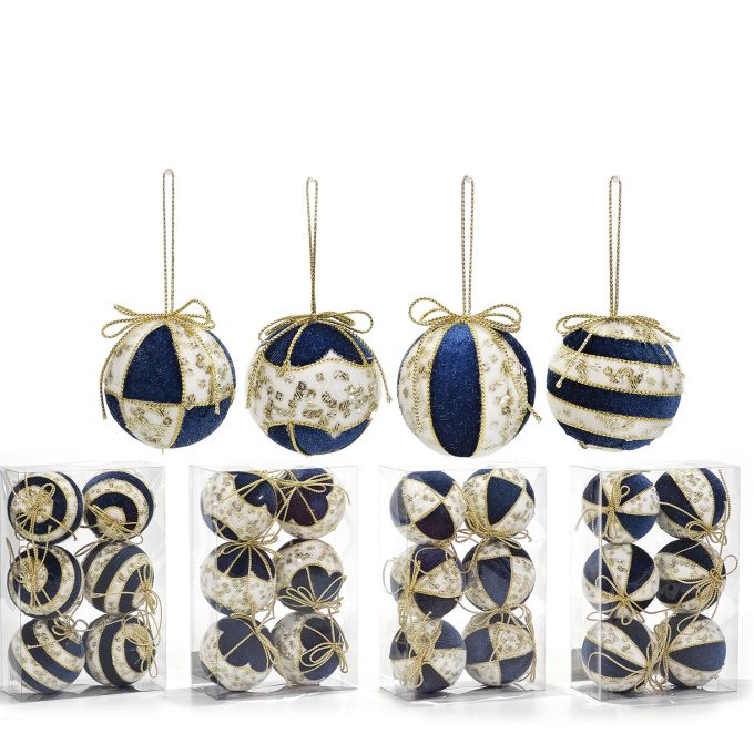 Χριστουγεννιάτικη Μπάλα Μπλε 80mm Σετ 6Τμχ Σε 4 Σχέδια