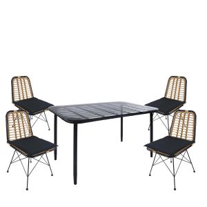 Σετ Τραπεζαρία Κήπου ArteLibre ANNIUS Μαύρο Μέταλλο/Rattan/Γυαλί Με 4 Καρέκλες 14990372