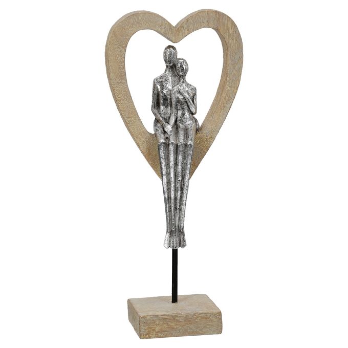 Γλυπτό Καρδιά 'Aroha' Ζευγάρι Μοτίβο Πολυρεζίνη Καφέ/Ασημί 7x14.5x34cm
