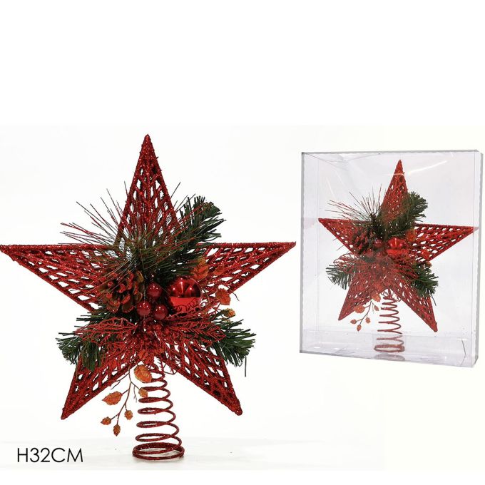 Χριστουγεννιάτικο Αστέρι Κορυφής Με Λουλούδια Κόκκινο 32cm