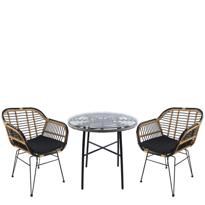 Σετ Τραπεζαρία Κήπου ArteLibre APPIUS Γκρι/Μαύρο/Φυσικό Μέταλλο/Rattan/Γυαλί Με 2 Καρέκλες 14990470