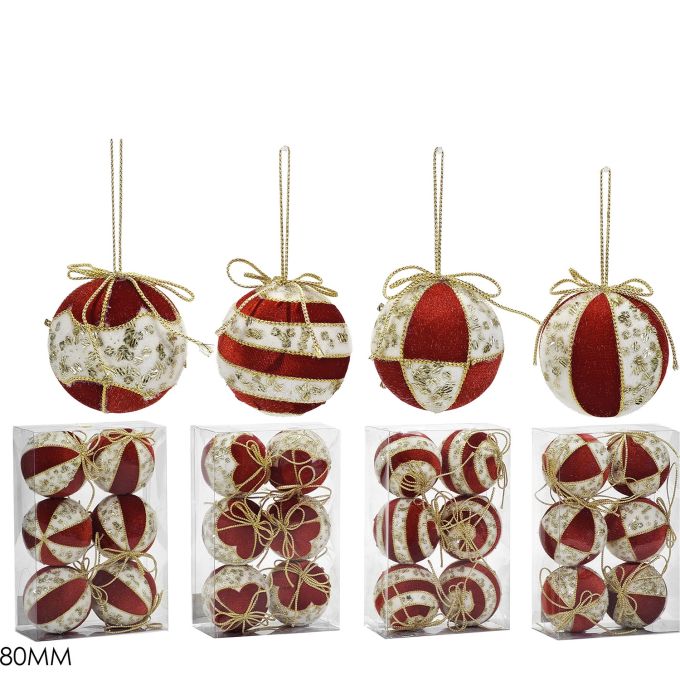 Χριστουγεννιάτικη Μπάλα Κόκκινο 80mm Σετ 6Τμχ Σε 4 Σχέδια