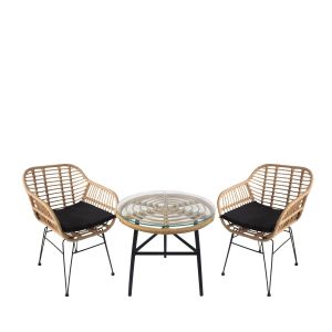 Σετ Τραπεζαρία Κήπου ArteLibre ARELLIUS Φυσικό/Μαύρο Μέταλλο/Rattan/Γυαλί Με 2 Καρέκλες 14990337