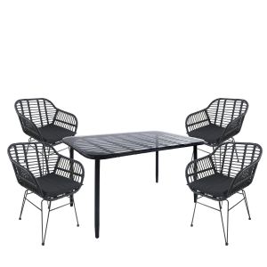 Σετ Τραπεζαρία Κήπου ArteLibre ANNIUS Μαύρο Μέταλλο/Rattan/Γυαλί Με 4 Καρέκλες 14990378