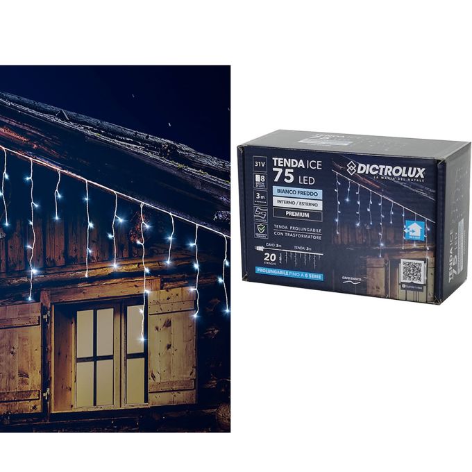 75 LED Κουρτίνα Εσωτ. & Εξωτ. Χώρου Με 8 Προγράμματα Και Μετασχηματιστή Ψυχρό Λευκό Φως Λευκό Καλώδιο Επεκτεινόμενο IP44