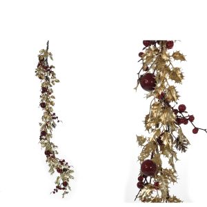 Χριστουγεννιάτικη Γιρλάντα Με Κόκκινα Μούρα Χρυσό 1.2m